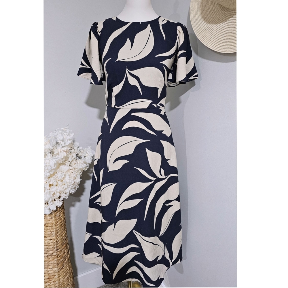 Ann Taylor Black Cream Leafed Flutter Sleeve Flare Midi Dress